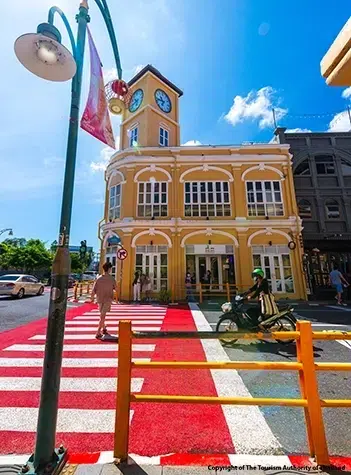 Colorful Sino Portuguese buildings lining a historic street in Phuket Old Town, Phuket Thailand