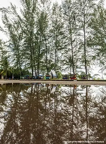 Long quiet sandy shoreline at Mai Khao Beach in Phuket beside Sirinat National Park Thailand