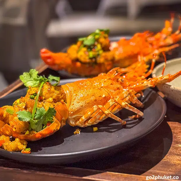 Fresh crayfish prepared at a beachfront seafood restaurant near Bang Tao Beach in Phuket, Thailand